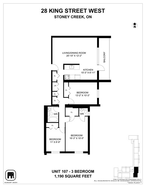 A floor plan for a unit at 28 King Street West, showing a living/dining room, kitchen, and two bedrooms.